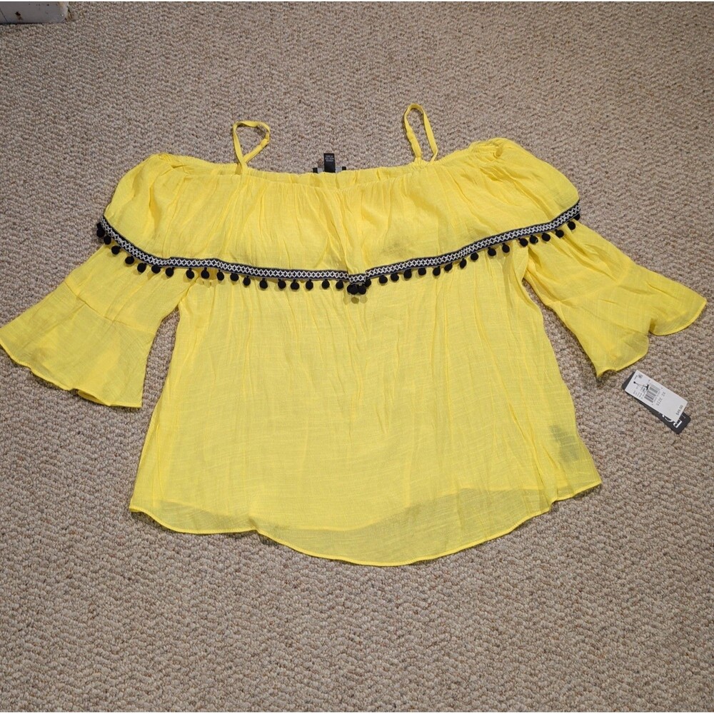 BCX Womens Peasant Top Blouse Shirt Womens 2X Yellow Gauzy Flowy Boho